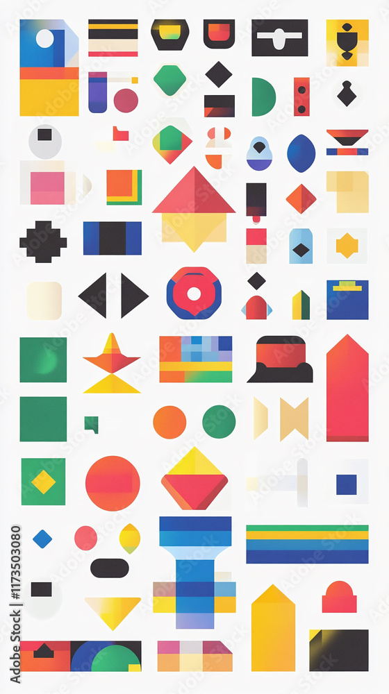 Poster pixel icons of basic geometric shapes in different colors and patterns.
