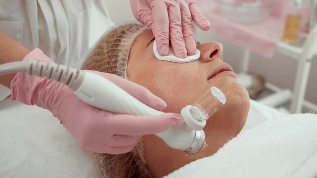 Beautician woman using hydrafacial equipment at spa salon. Patient undergoing facial rejuvenation treatment. Treatment helping to hydrate and cleanse skin efficiently