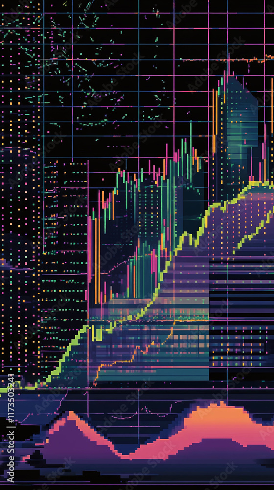Poster pixel line graph displaying fluctuating stock market trends in a retro computer style.