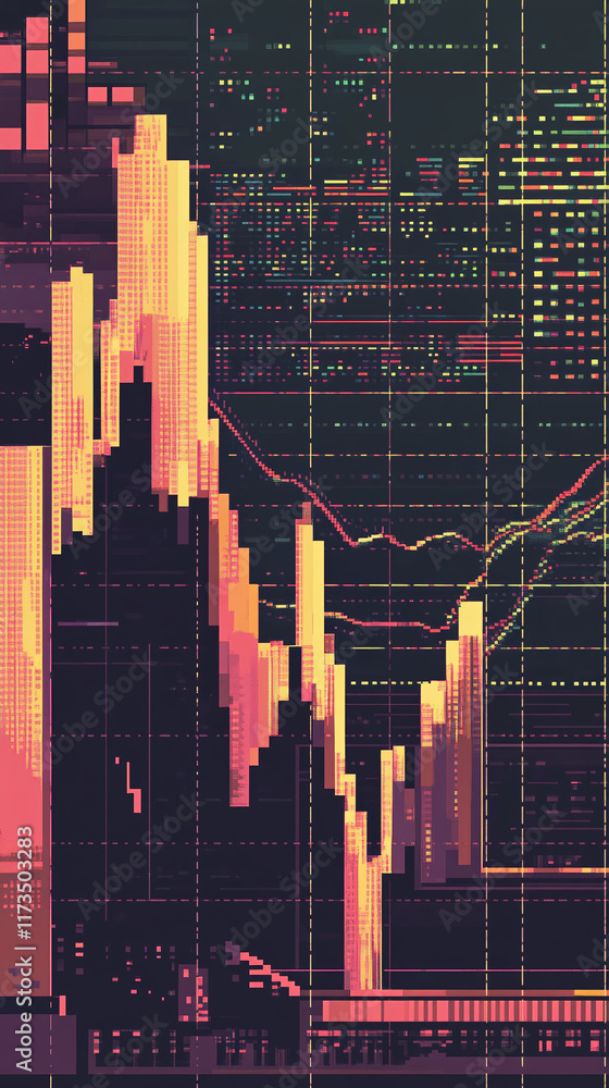 Poster pixel line graph displaying fluctuating stock market trends in a retro computer style.