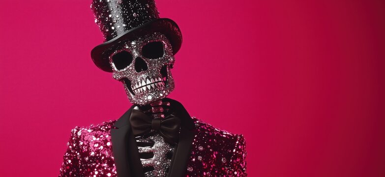 Sparkling skeleton in sequined tuxedo and top hat against vibrant pink background, showcasing a unique blend of elegance and macabre, copy space for text