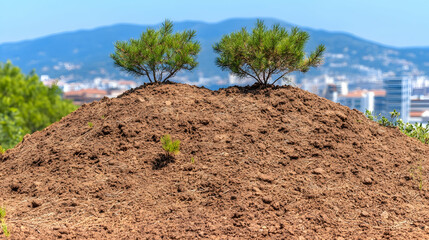 Twin pine saplings atop a hill overlooking a city; urban reforestation, environmental conservation.