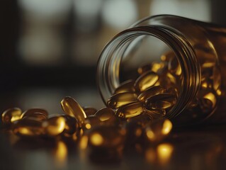 glass jar spilling golden capsules on a dark surface
