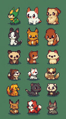 Pixel set of cute animals like cats dogs bunnies and foxes in a playful style.