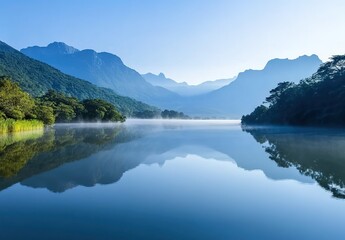 Naklejka premium The calm lake reflects the mountains and mist in its waters, creating an enchanting scene of tranquility.