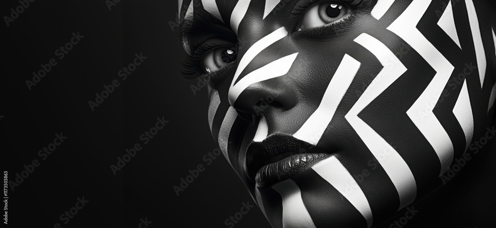 Poster striking monochrome face art featuring bold black and white geometric patterns on model's face, emph