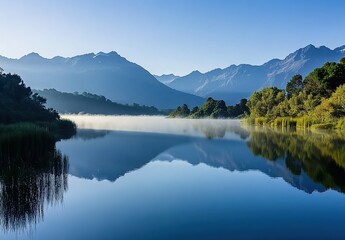 Naklejka premium The calm lake reflects the mountains and mist in its waters, creating an enchanting scene of tranquility.