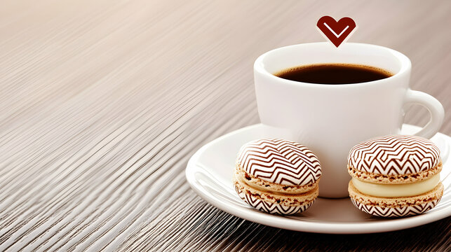Coffee break espresso, macarons, wooden table, morning sunlight. Perfect for blogs, websites, or advertising.
