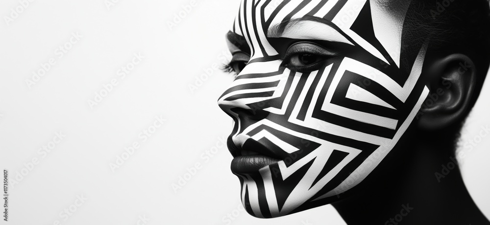 Poster striking black and white face art with geometric patterns on model's profile, copy space for text
