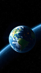 Obraz premium Digital dystopian globe, future, viewed from space, in the solar system, in the stars, view of the earth, our planet, ai, cyber, eco, climate, war created with technology, Backlit, with white tones