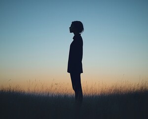 Silhouette of person standing in tall grass at sunset.