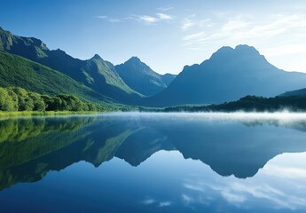 Fototapeta premium The calm lake reflects the mountains and mist in its waters, creating an enchanting scene of tranquility