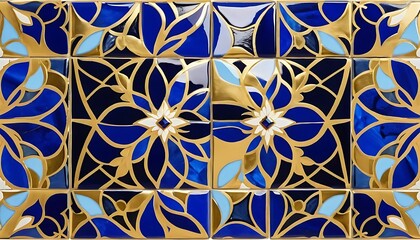 Blue and Gold Floral Tile Mosaic Design
