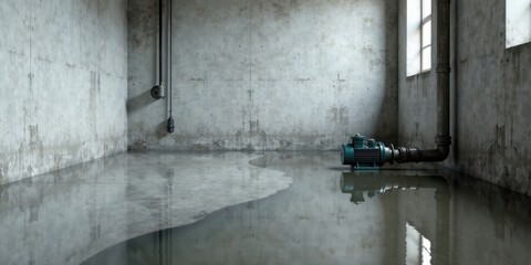 Industrial Water Damage A Leaking Pipe and Submerged Pump in a Concrete Room