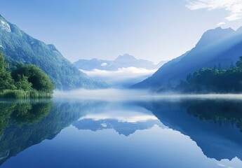 Fototapeta premium The calm lake reflects the mountains and mist in its waters, creating an enchanting scene of tranquility