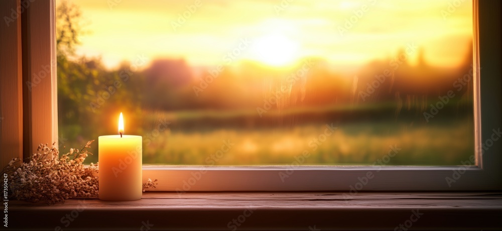Poster candlelight serenity at sunset, warm glow illuminating window with nature view, soft focus on fields