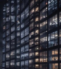 Obraz premium Glowing windows of a skyscraper seen at night, metropolitan scene, office windows, bright lights, city backdrop, evening view