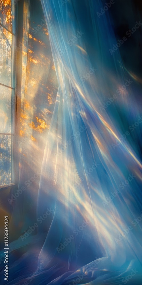 Poster this image captures an ethereal light casting a surreal ambiance through a sheer curtain by a window