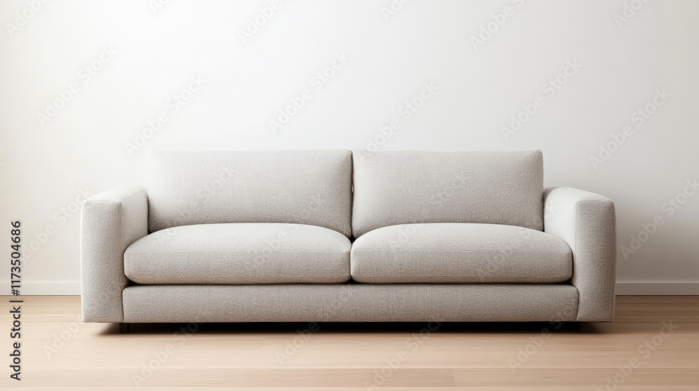 Poster comfortable sofa in a minimalist living room setting with a blank wall providing ample copy space, i