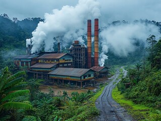 Fototapeta premium An industrial factory located in a lush, green tropical forest emits thick white smoke from its chimneys, illustrating the contrast between industrialization and the natural environment