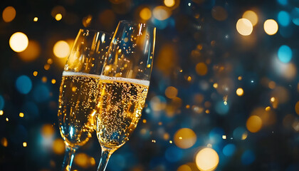 Champagne Toast Celebration - Happy New Year With Golden Glitter On Blue Abstract Background And Defocused Bokeh Lights