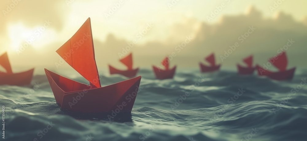 Poster red paper boats sailing on calm water at sunset, creating a serene and whimsical atmosphere with sof