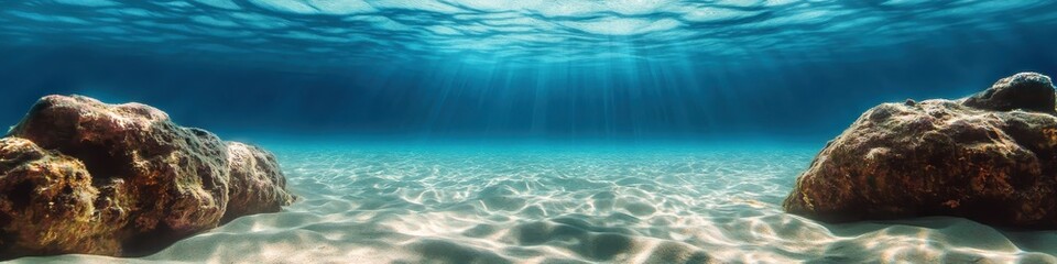 Fototapeta premium Underwater seascape, crystal clear turquoise water, sandy ocean floor, sunlight streaming through water surface, rocky formations, shallow tropical sea, serene underwater environment, high resolution,