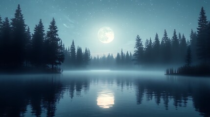 "Full Moon Reflecting Perfectly on the Calm Lake Surrounded by Trees, Creating a Serene and Magical Night Scene"