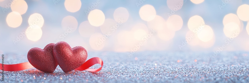 Poster two decorative red hearts and a red ribbon are laying on a silver glitter background with bokeh ligh