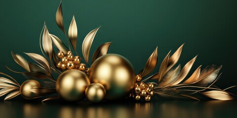 Christmas decorations, golden ornaments, metallic leaves, pine branches, teal background, elegant holiday arrangement, luxurious festive display, shiny baubles, berries, sophisticated color palette, f