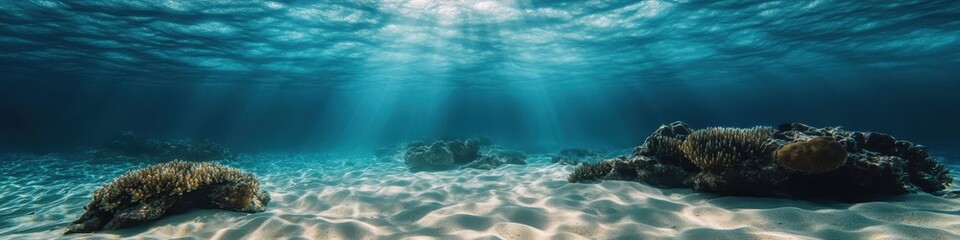 Underwater seascape, crystal clear turquoise water, sandy ocean floor, sunlight streaming through water surface, rocky formations, shallow tropical sea, serene underwater environment, high resolution,