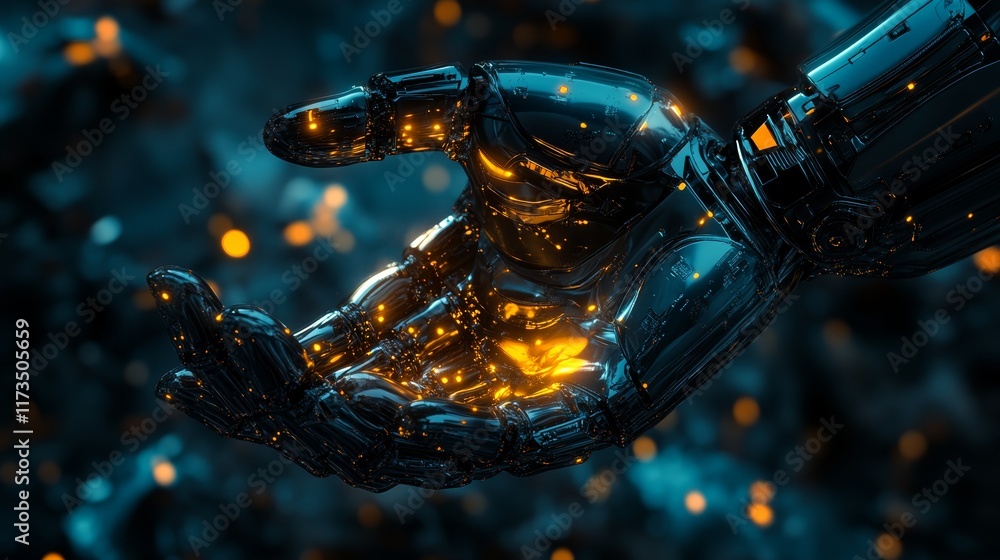 Poster close-up of a robotic hand with glowing elements, showcasing advanced technology and innovation in a