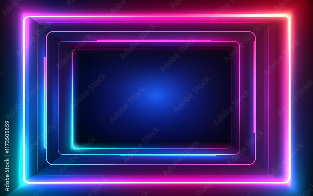 Poster abstract neon background with glowing lines and light effects, forming an illuminated corridor in bl