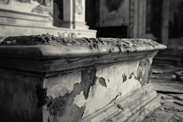 Decayed Stone Altar in Ruins of an Old Church