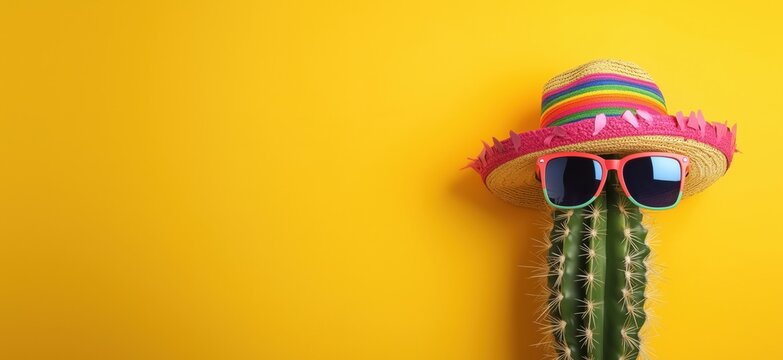 Cactus wearing colorful sombrero and sunglasses against vibrant yellow background, perfect for summer vibes and fun decorations, copy space for text
