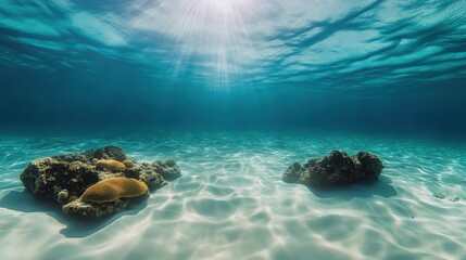 Fototapeta premium Underwater seascape, crystal clear turquoise water, sandy ocean floor, sunlight streaming through water surface, rocky formations, shallow tropical sea, serene underwater environment, high resolution,