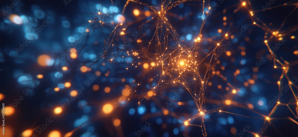 Aufkleber neural network visualization with glowing nodes and connections in blue and orange colors, copy spac
