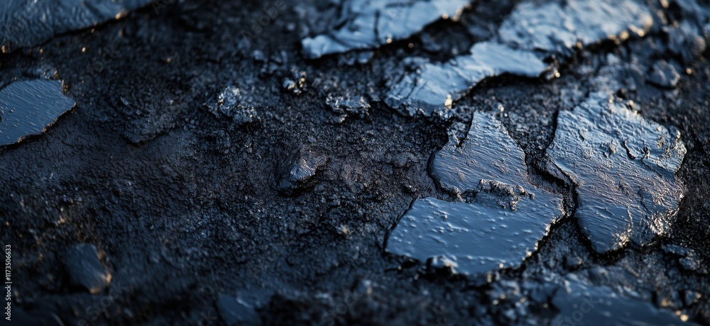 Poster textured surface of dark asphalt with cracked patterns and shiny reflections, showcasing intricate d