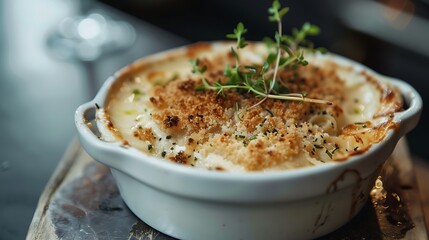 A bowl filled with a creamy, melted casserole or gratin, topped with breadcrumbs and thyme, is placed on a dark countertop, offering a warm, comforting dish, likely cheese or potato-based.

