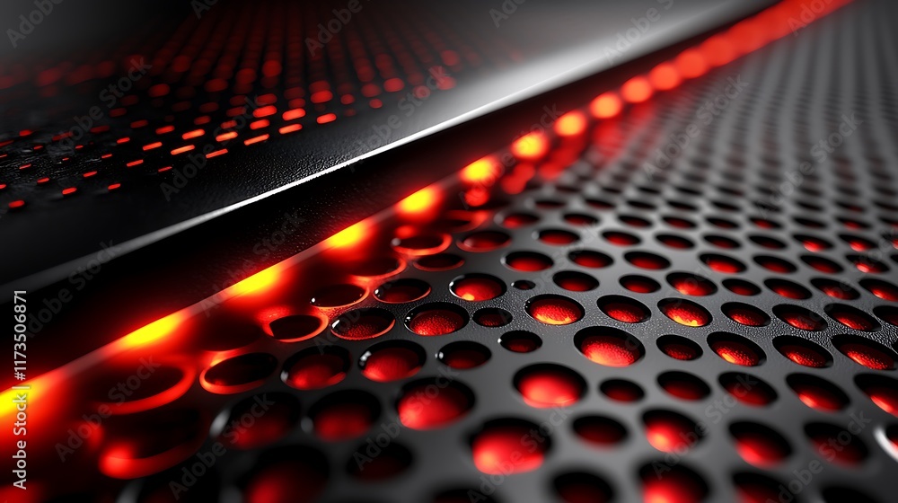 Poster abstract close-up of a metallic surface with red lighting and perforated pattern.