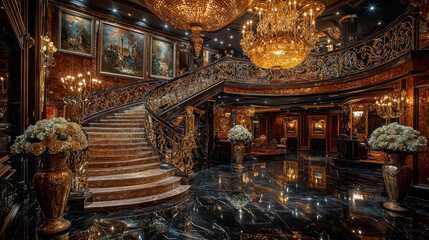 Fototapeta premium Grand marble staircase in opulent mansion foyer with paintings and chandeliers
