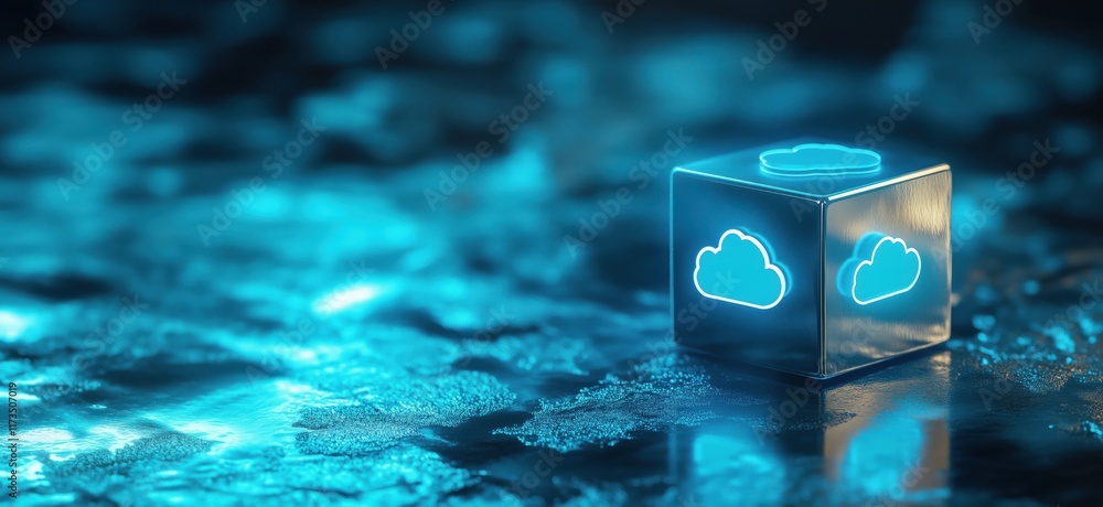 Poster cloud computing technology represented by glowing cube with cloud icons on reflective surface, showc