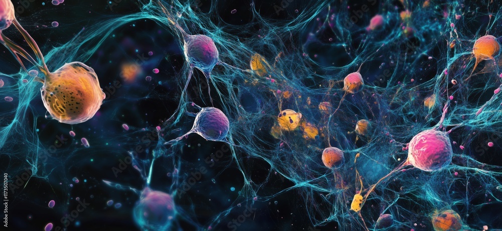 Poster colorful abstract representation of neurons and synapses in a neural network, showcasing vibrant cel