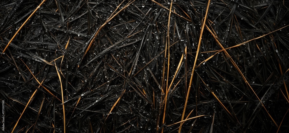 Poster black straw texture with golden highlights and water droplets, showcasing intricate patterns and nat