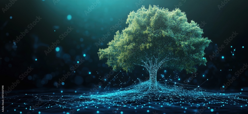 Poster digital tree with glowing roots and data connections representing nature and technology fusion, copy