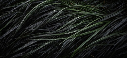 Obraz premium Dew-covered grass blades glistening in low light, showcasing intricate textures and vibrant green hues against dark background, copy space for text