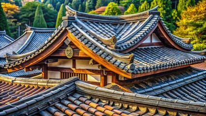 Obraz premium Close-up: Intricate wood and tile textures showcase the aged beauty of this Asian roof's ancient design.