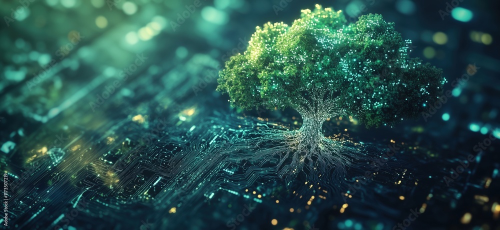 Poster digital tree growing from circuit board, symbolizing technology and nature integration, showcasing v