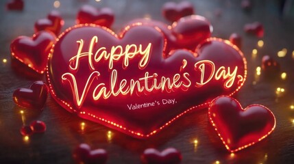 Valentine's Day banner with vibrant red hearts, cursive text "Happy Valentine's Day," and a glowing background