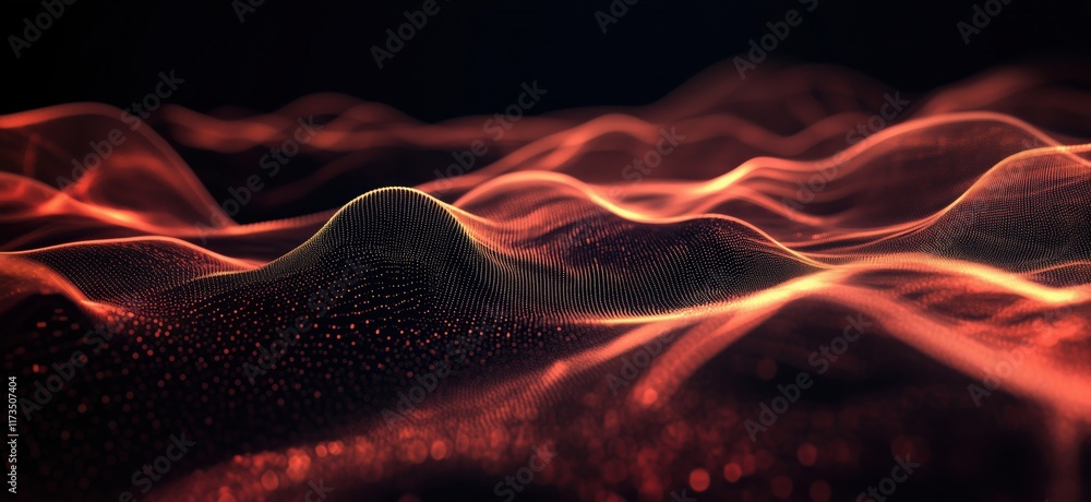 Poster abstract digital landscape with flowing waves of red and orange light, representing data visualizati
